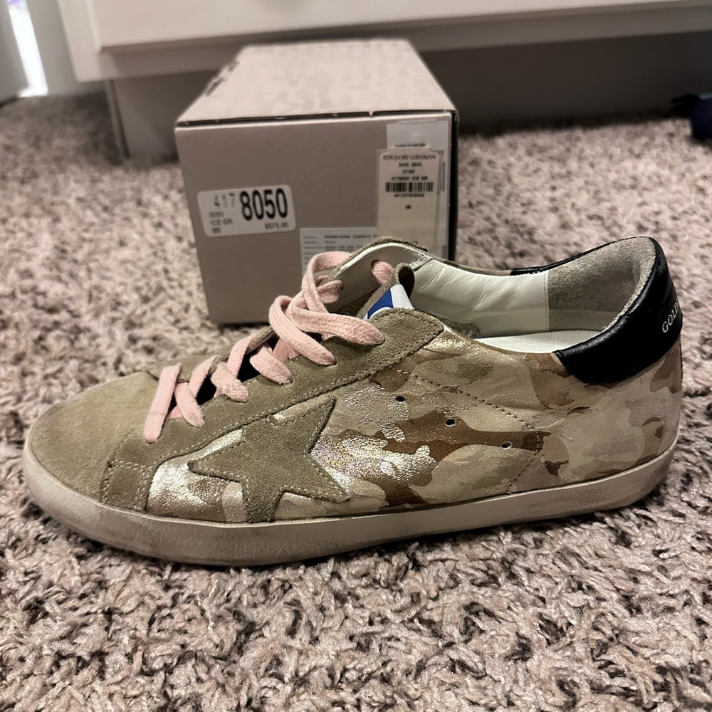 Golden Goose Beige Camouflage Sneakers with Pink Laces